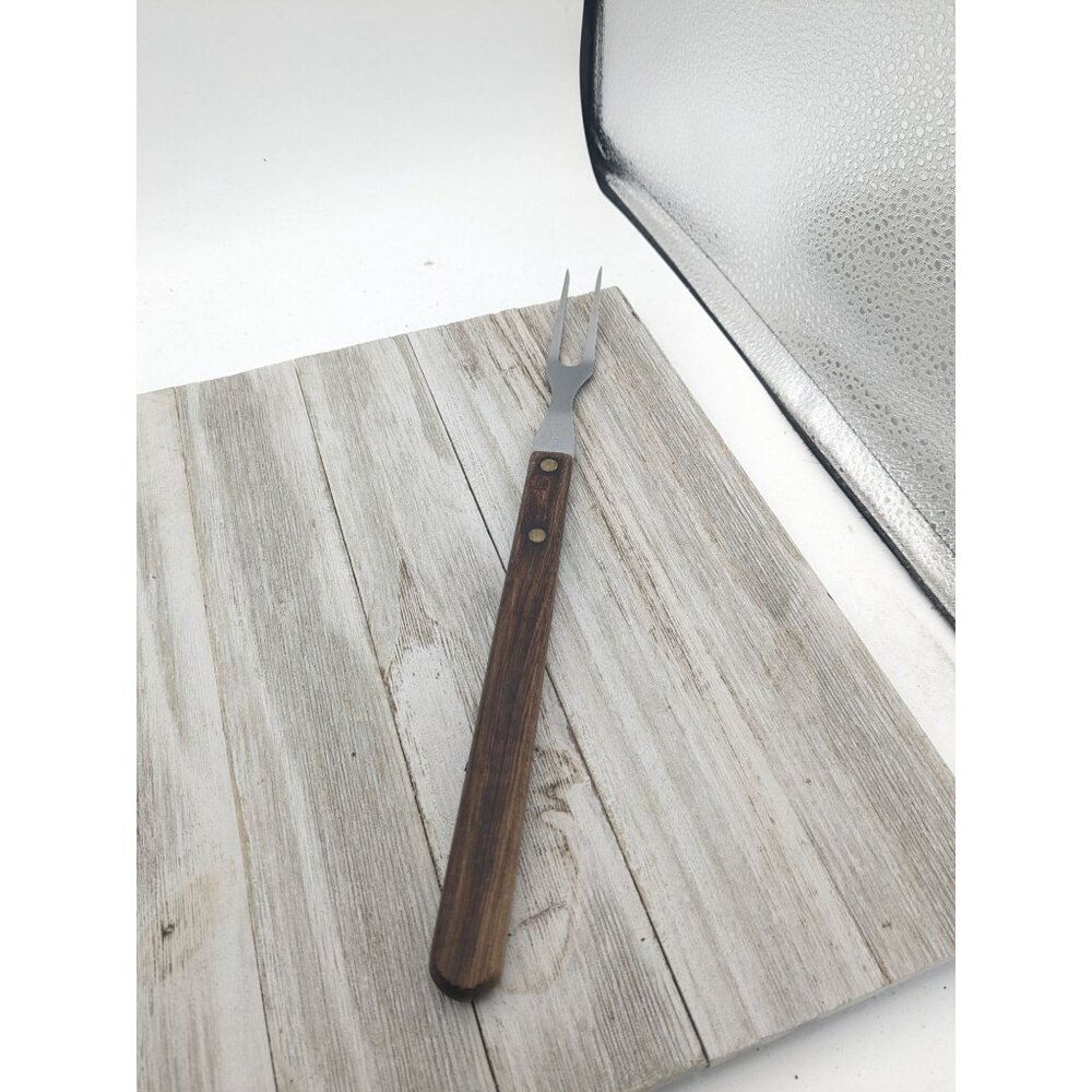 2 Prong Tine Meat Serving Fork Wood 10" Stainless Steel